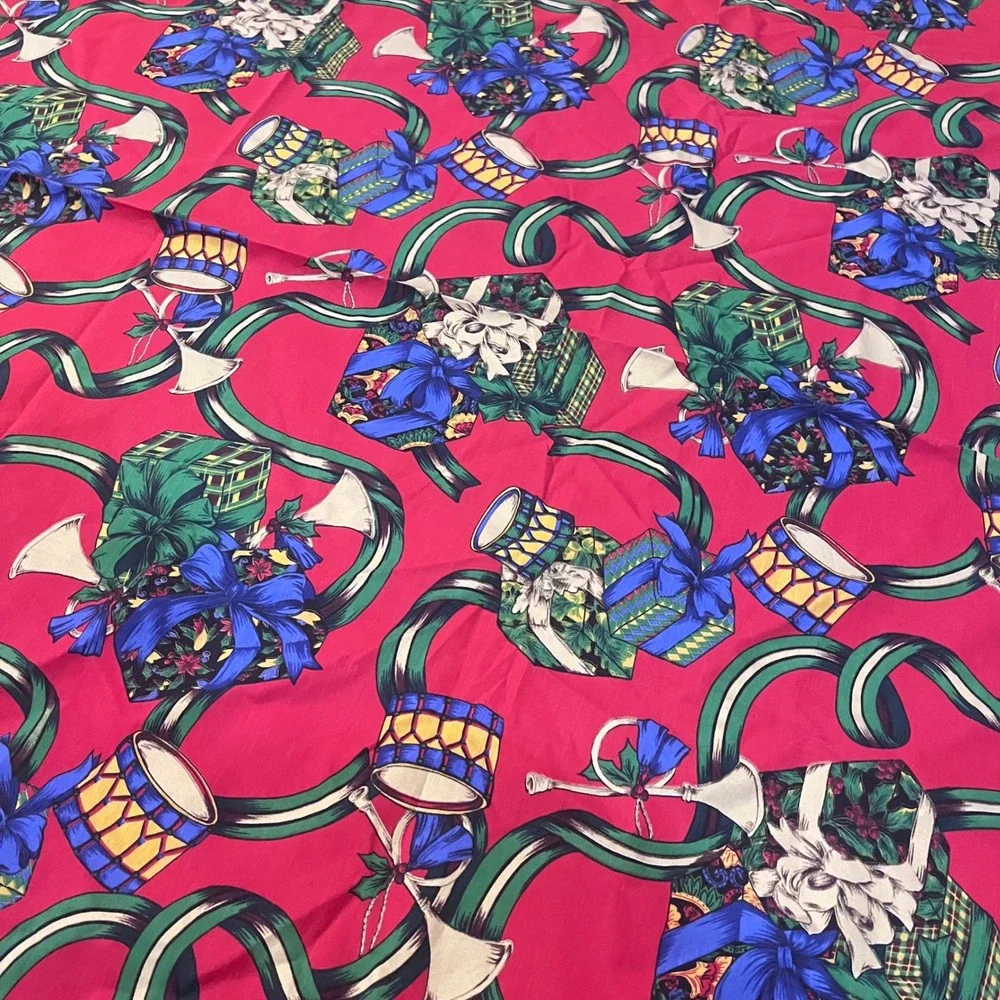 Vtg Christmas Gifts Drums Horns Red Rectangular Holiday Tablecloth 60x82